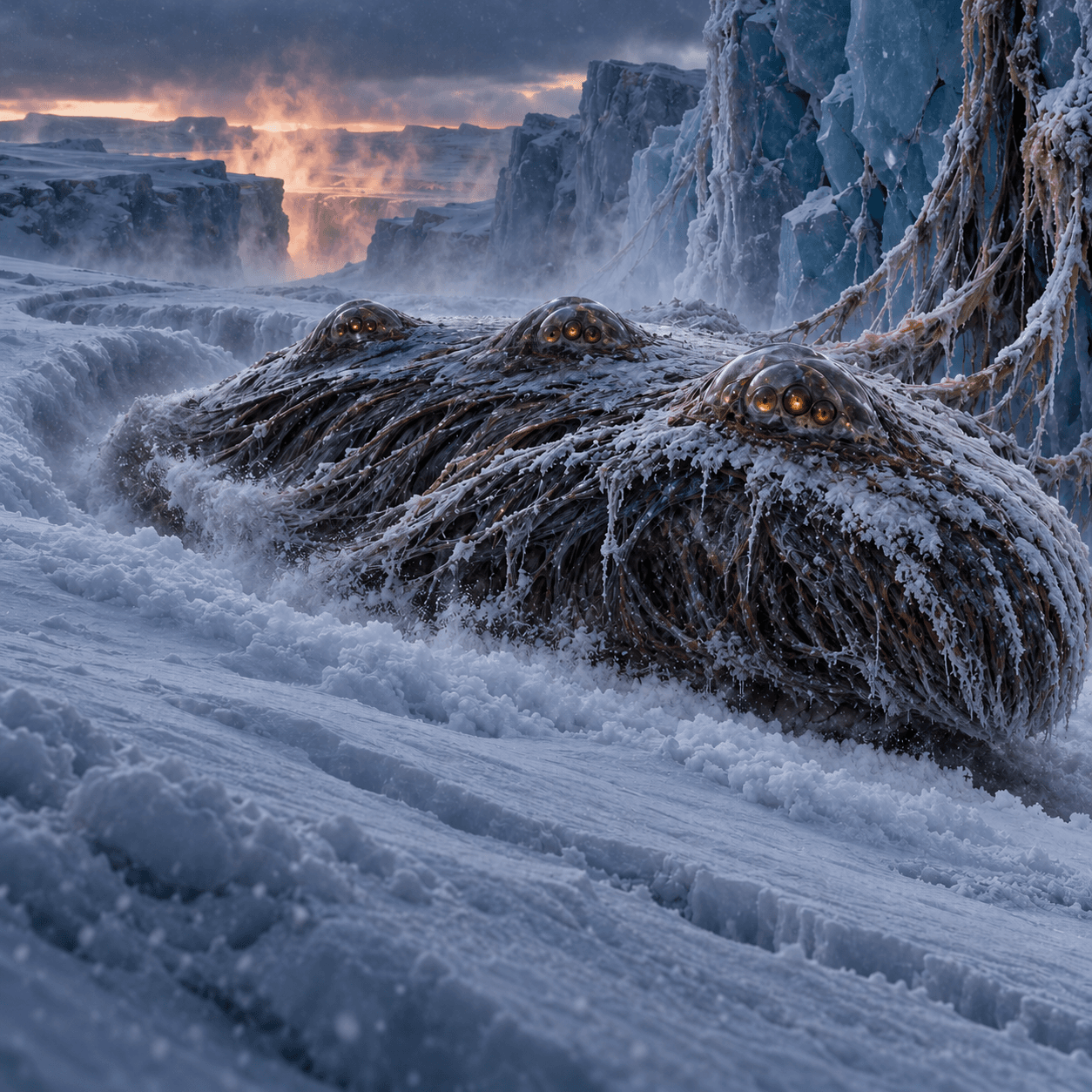 A Fibreplate swimming beneath snow on an ice plain