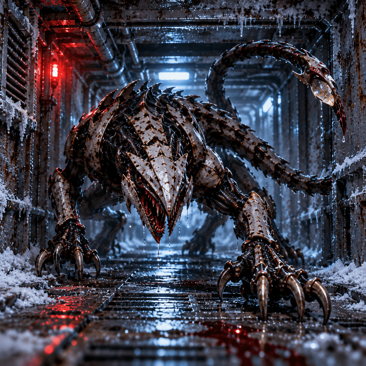 A Lockjaw Sentinel crouching in a frozen ventilation shaft
