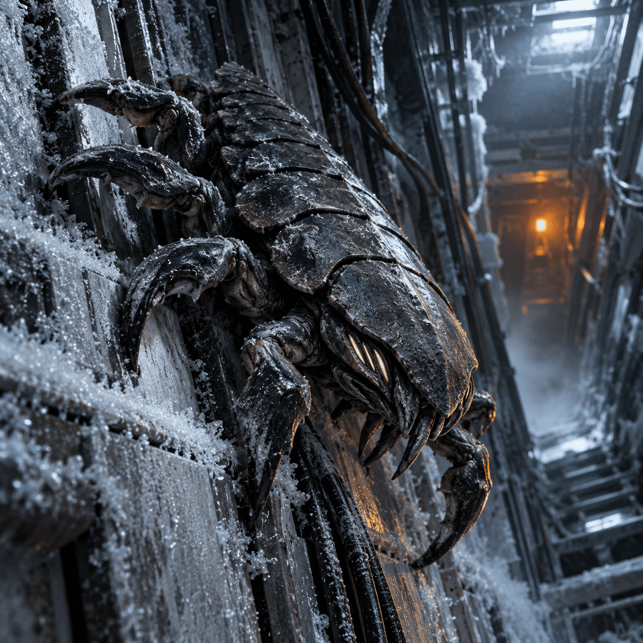 A Shellback clinging to a frost-covered service shaft