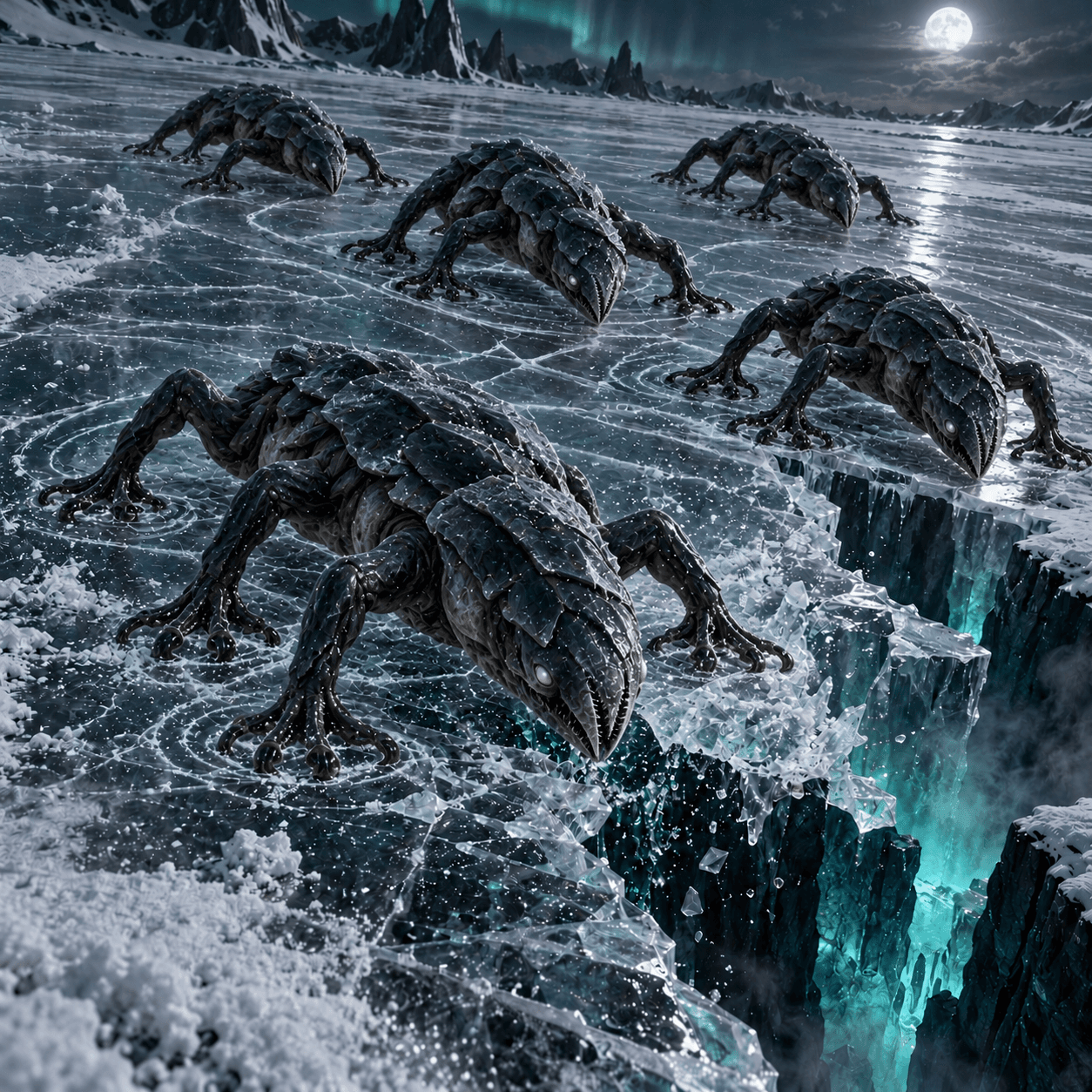 A pack of Tremor Stalkers hunting along a cracked ice shelf